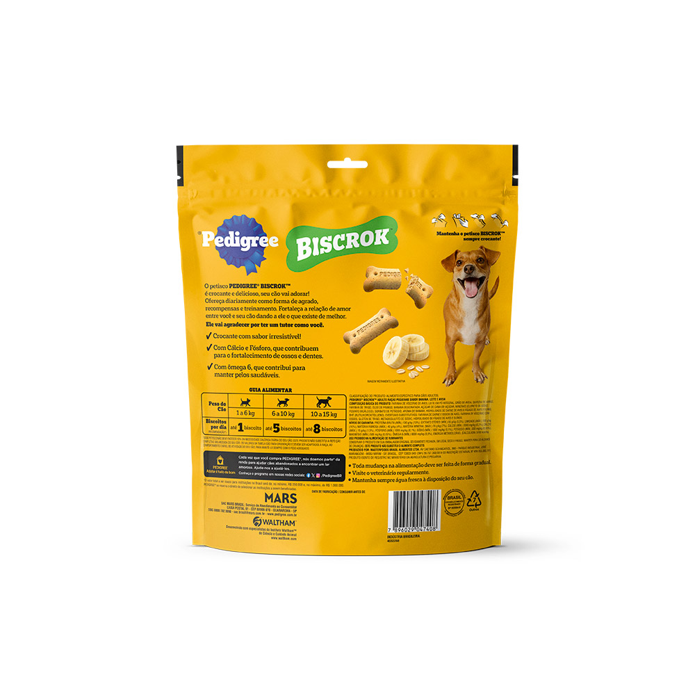 Biscoito Pedigree Biscrok Sabor Banana, Leite e Aveia Para Cães Adultos Raças Pequenas 500g