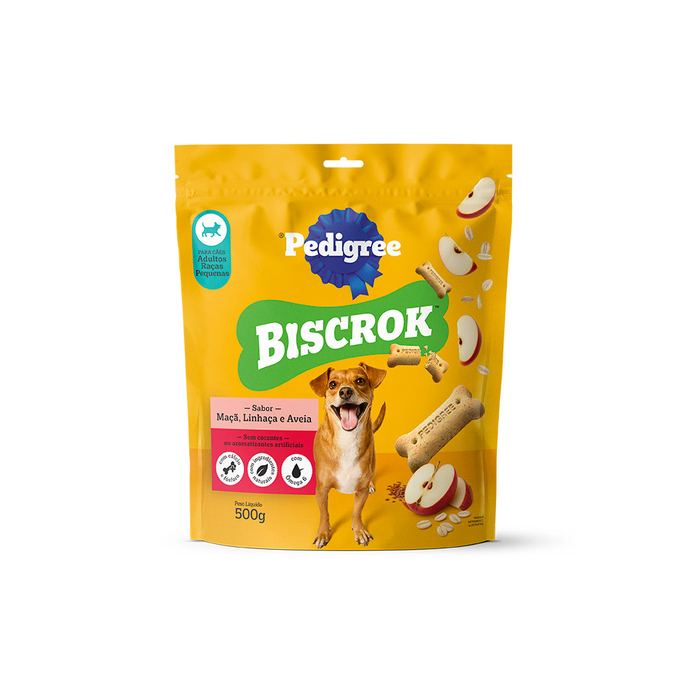Biscoito Pedigree Biscrok Sabor Maçã, Linhaça e Aveia Para Cães Adultos Raças Pequenas 500g