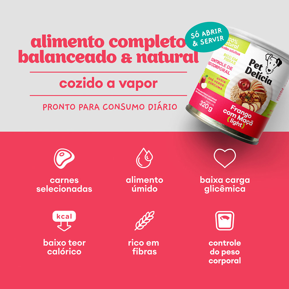 Ração Úmida Natural Pet Delícia Frango com Maçã Light para Cães 320 g