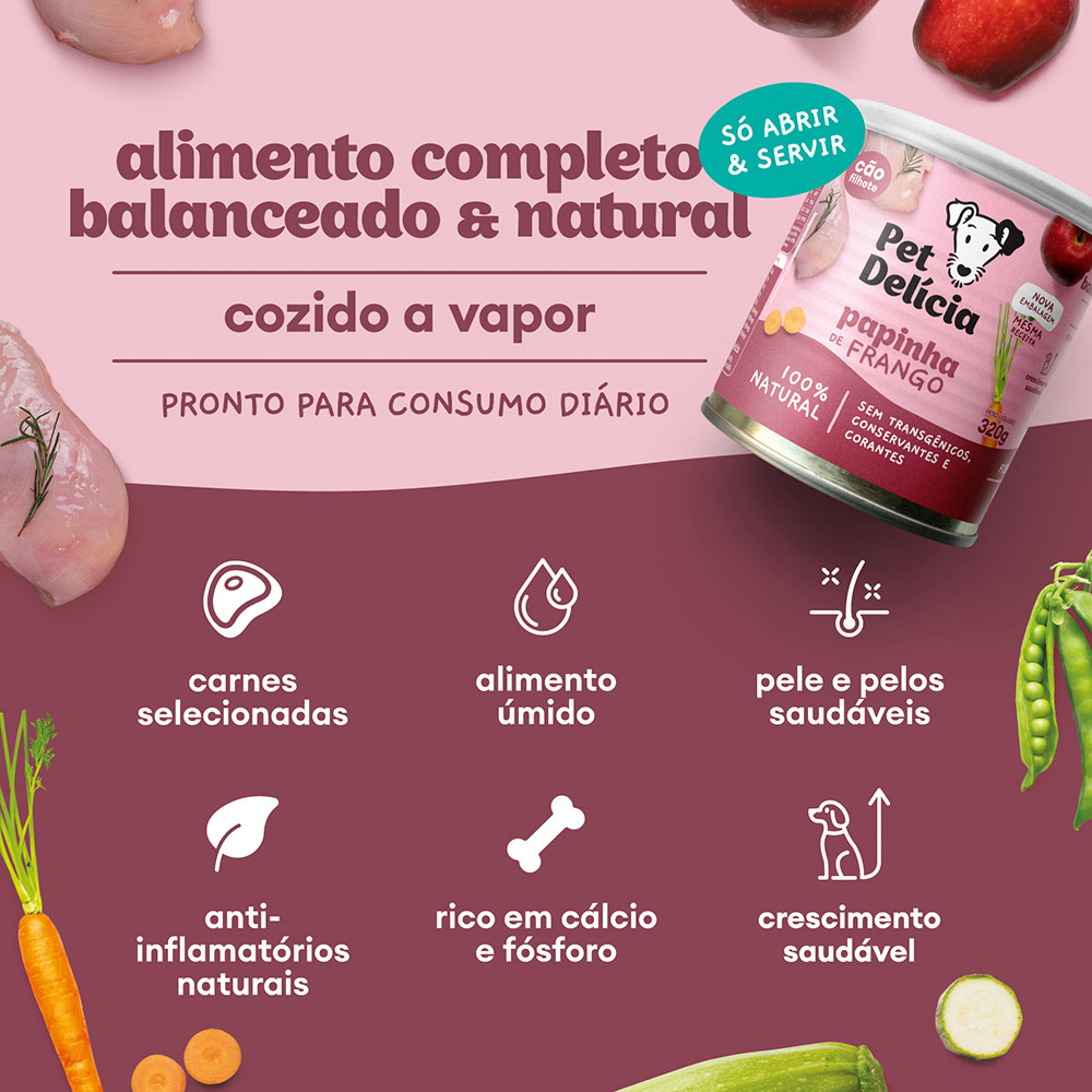 Ração Úmida Natural Pet Delícia Papinha de Frango para Cães Filhotes 320 g