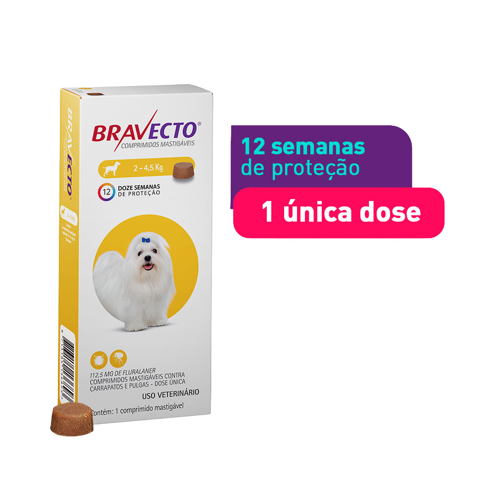 Antipulgas e Carrapatos Bravecto® Comprimido Mastigável de 112,5mg para Cães de 2 a 4,5kg - MSD Saúde Animal