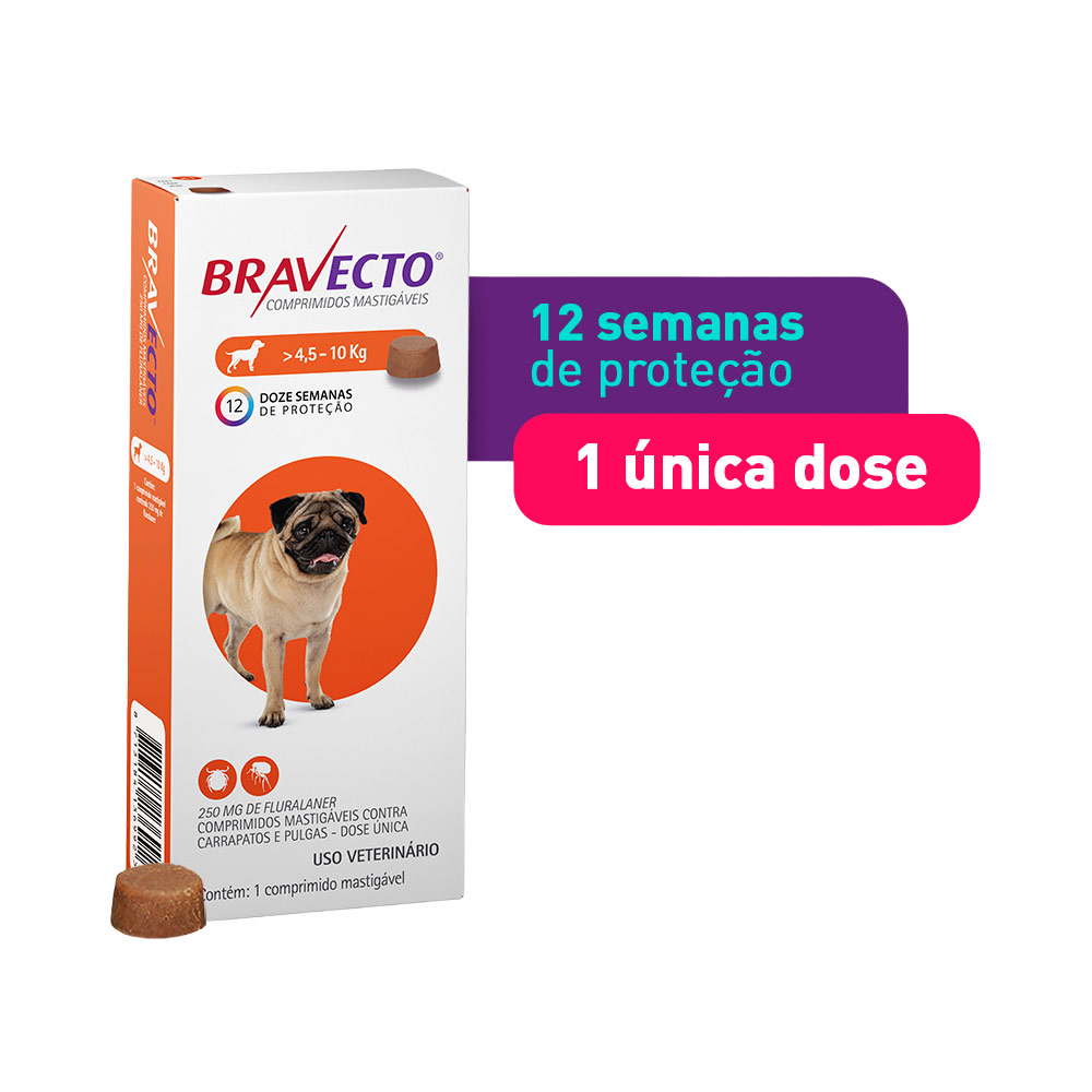 Antipulgas e Carrapatos Bravecto® Comprimido Mastigável de 250mg para Cães de 4,5 a 10kg - MSD Saúde Animal