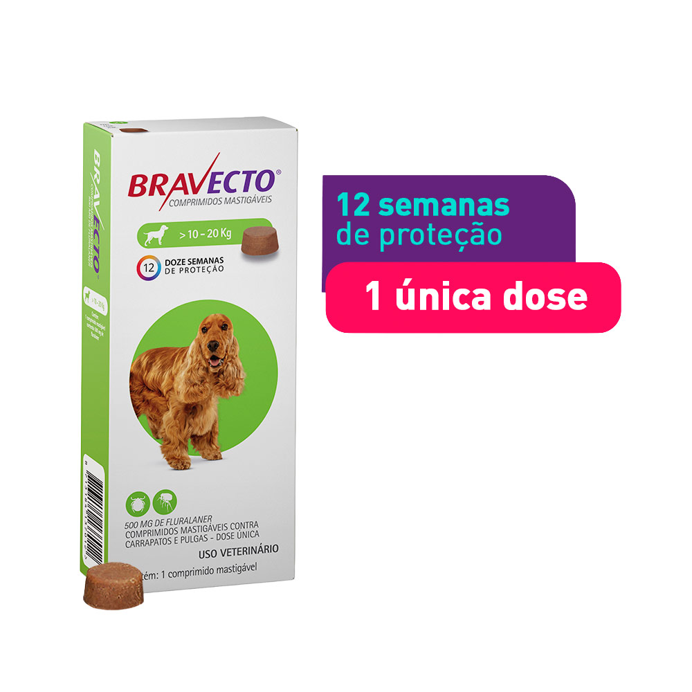 Antipulgas e Carrapatos Bravecto® Comprimido Mastigável de 500mg para Cães de 10 a 20kg - MSD Saúde Animal