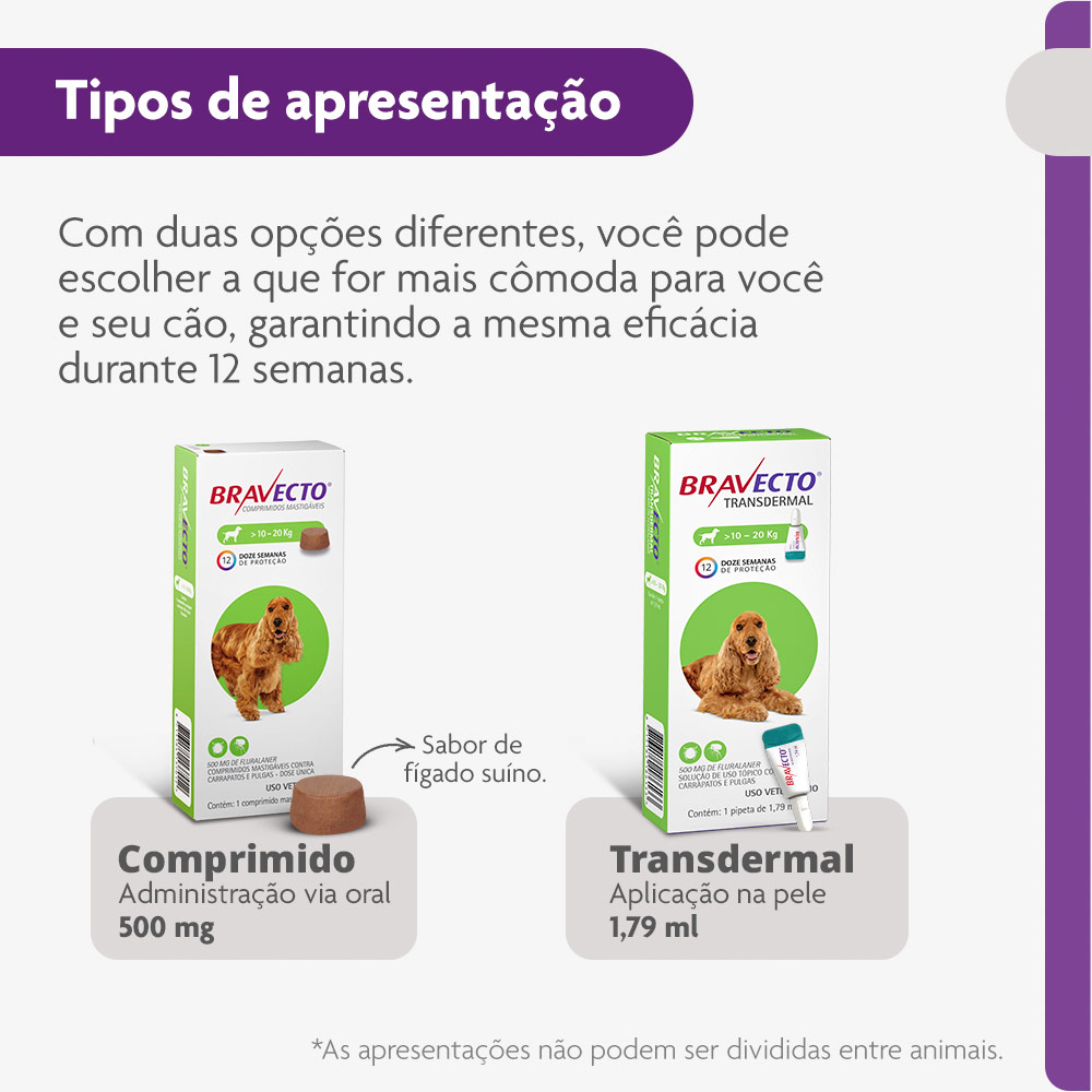 Antipulgas e Carrapatos Bravecto® Comprimido Mastigável de 500mg para Cães de 10 a 20kg - MSD Saúde Animal