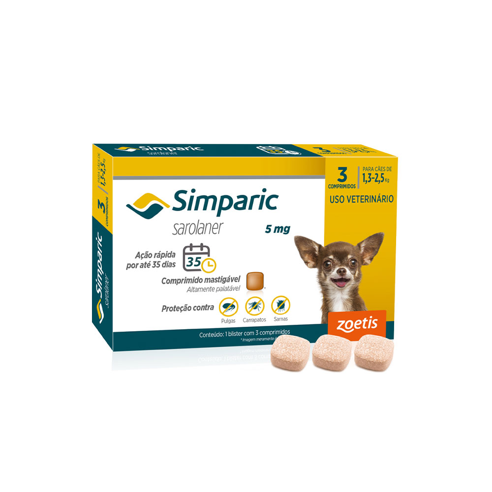 Antipulgas Simparic 5 mg para cães 1,3 a 2,5 kg - Zoetis