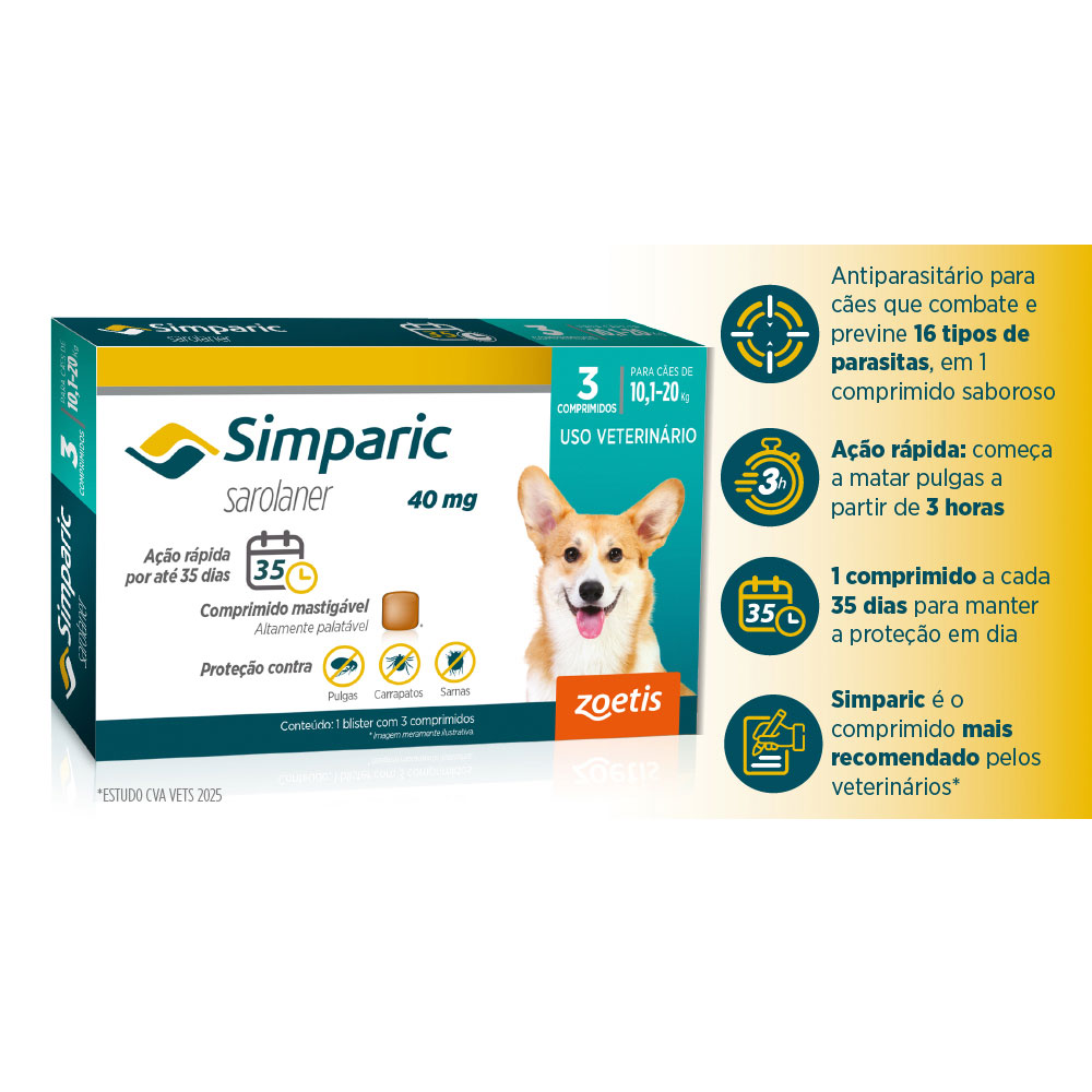 Antipulgas Simparic 40 mg para cães 10,1 a 20 kg - Zoetis