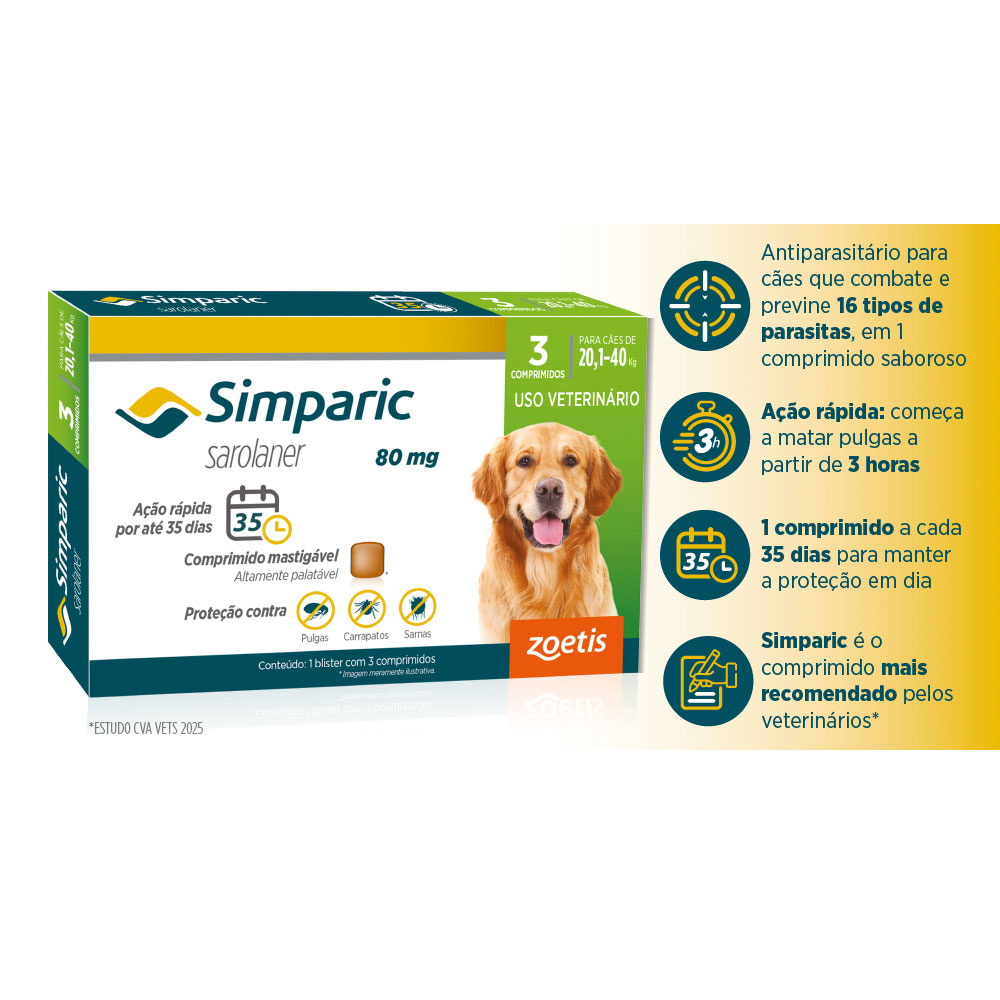Antipulgas Simparic 80 mg para cães 20,1 a 40 kg - Zoetis