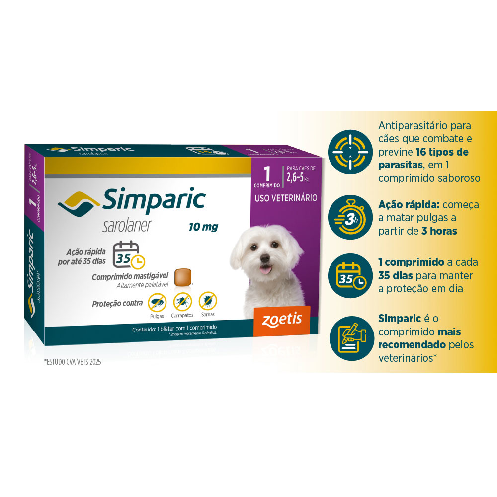Antipulgas Simparic 10 mg para cães 2,6 a 5 kg - Zoetis