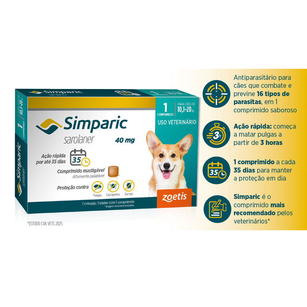 Antipulgas Simparic 40 mg para cães 10,1 a 20 kg - Zoetis