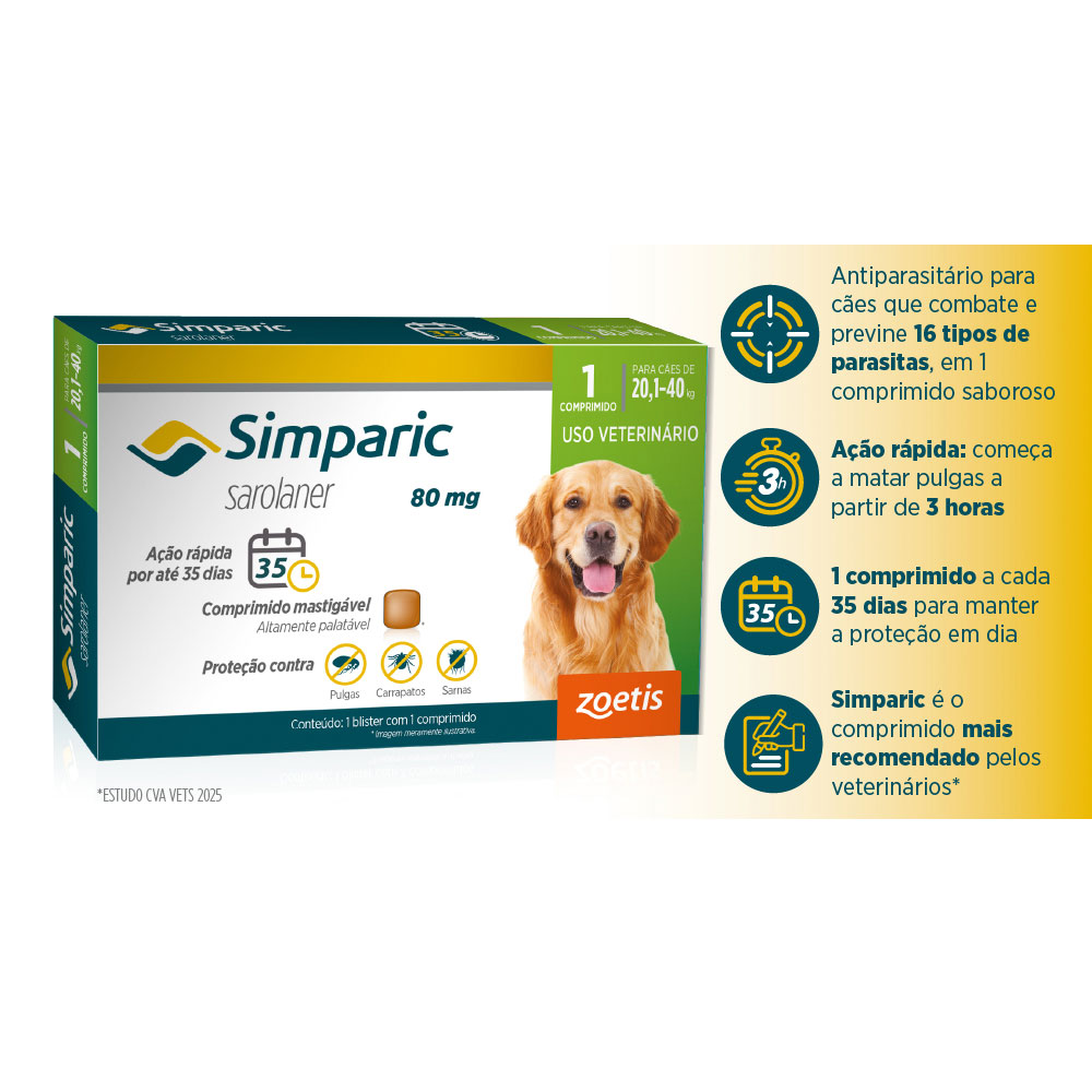 Antipulgas Simparic 80 mg para cães 20,1 a 40 kg - Zoetis