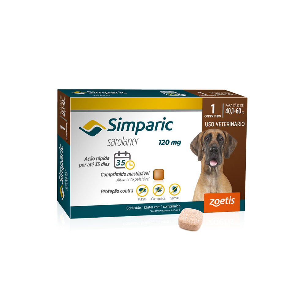 Antipulgas Simparic Zoetis 120 mg para Cães com 40,1 kg a 60 kg