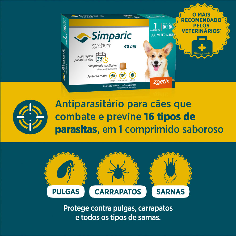Antipulgas Simparic Zoetis 120 mg para Cães com 40,1 kg a 60 kg