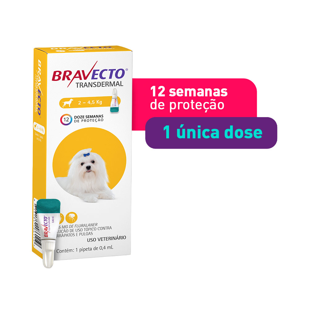 Antipulgas e Carrapatos Bravecto Transdermal 112,5mg para Cães de 2 a 4,5kg - MSD Saúde Animal