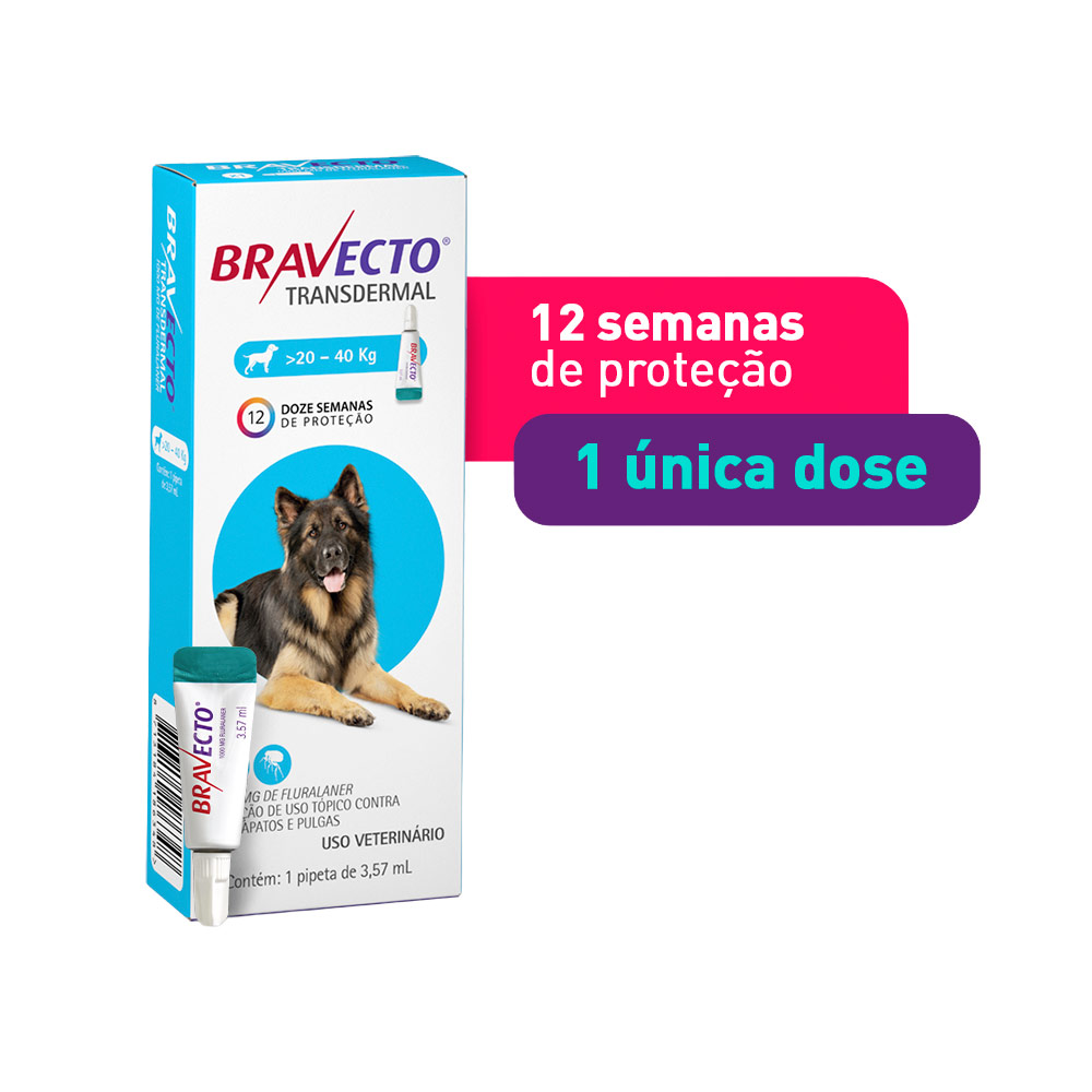 Antipulgas e Carrapatos Bravecto Transdermal 1000mg para Cães de 20 a 40kg - MSD Saúde Animal