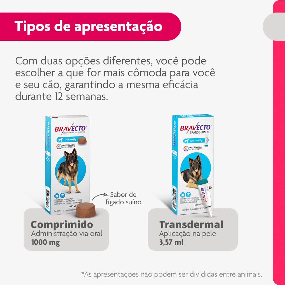 Antipulgas e Carrapatos Bravecto Transdermal 1000mg para Cães de 20 a 40kg - MSD Saúde Animal