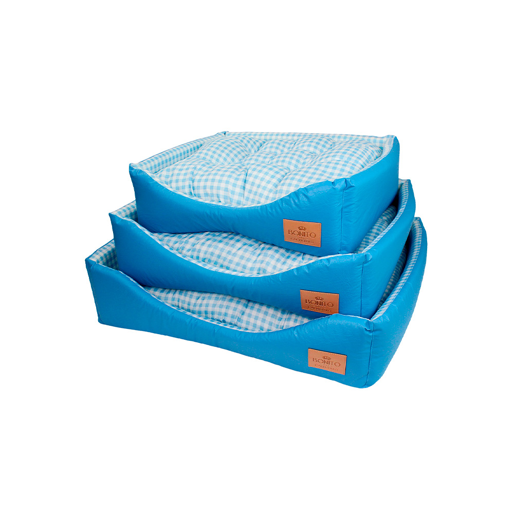 Cama Bonito pra Cachorro Europa Retangular Courino Xadrez Azul para Cães e Gatos