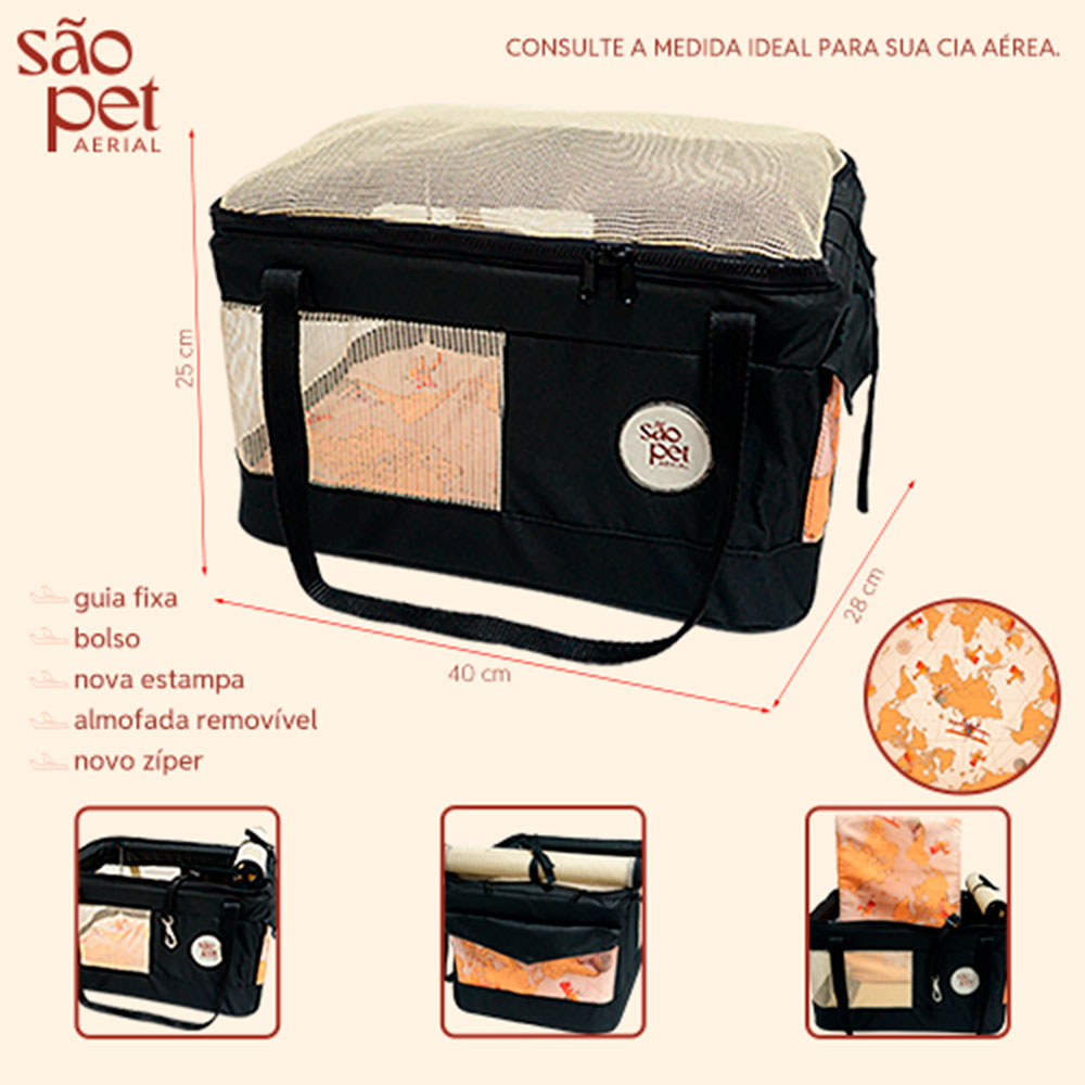 Bolsa de Transporte São Pet Aerial LT para Cães e Gatos Preta