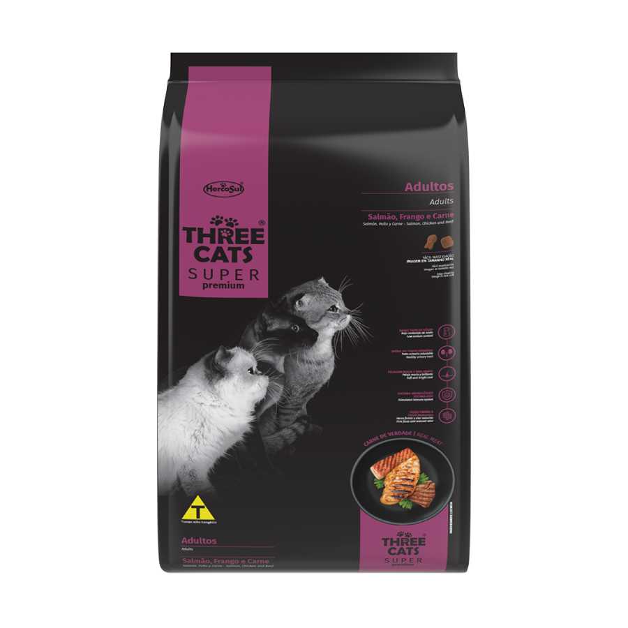 Menor preço em Ração Three Cats para Gatos Adultos Sabor Salmão, Frango e Carne