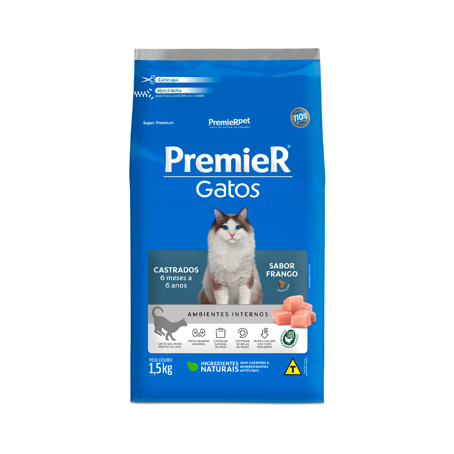 Ração Premier para Gatos Castrados de 6 meses a 6 anos Sabor Frango