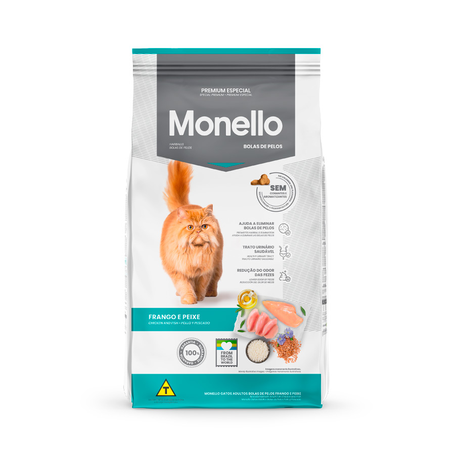 Ração Monello Bolas de Pelos para Gatos Adultos Sabor Frango e Peixe