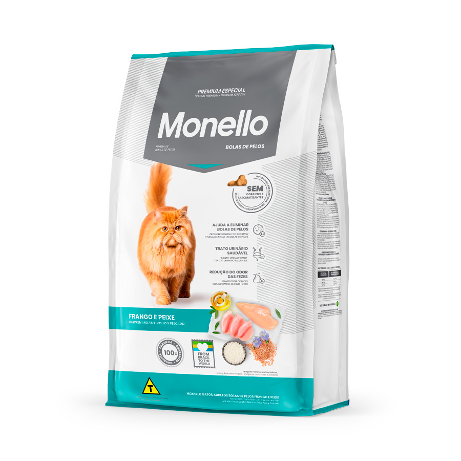 Ração Monello Bolas de Pelos para Gatos Adultos Sabor Frango e Peixe