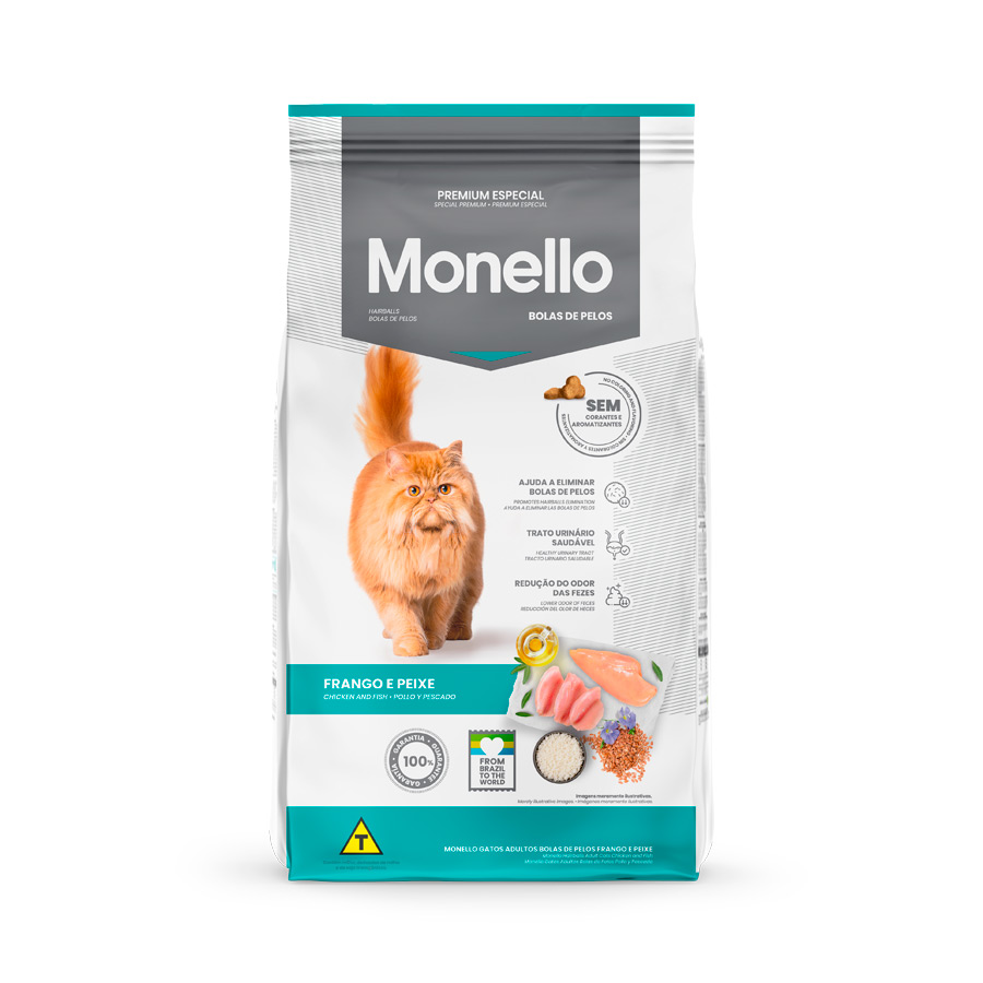 Ração Monello Bolas de Pelos para Gatos Adultos Sabor Frango e Peixe
