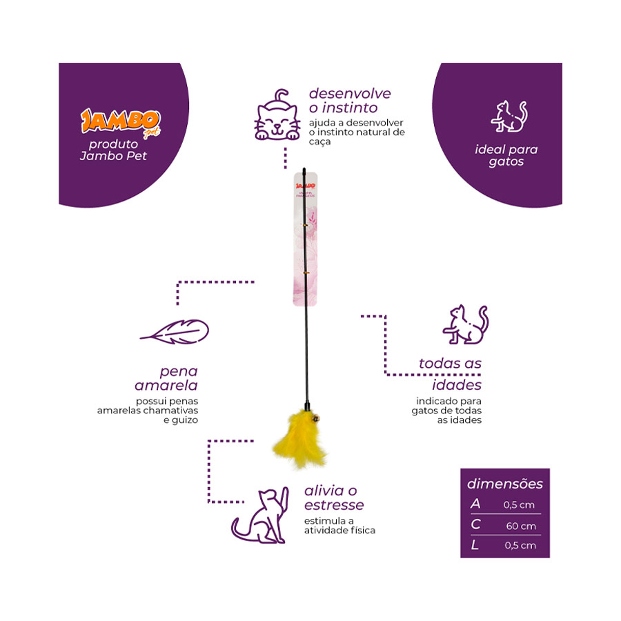 Brinquedo Jambo Varinha Pena Arco-Íris com Sino Amarelo para Gatos