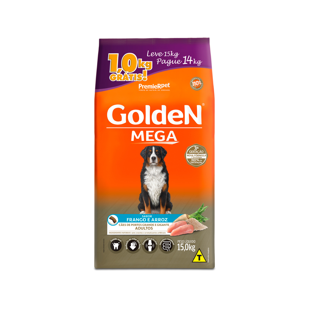 Ração Golden Mega para Cães Adultos de Porte Grande Sabor Frango e Arroz