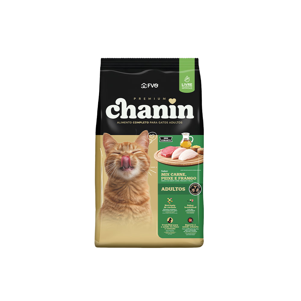 Ração Chanin Sem Corantes para Gatos Adultos Sabor Mix Carne, Peixe e Frango