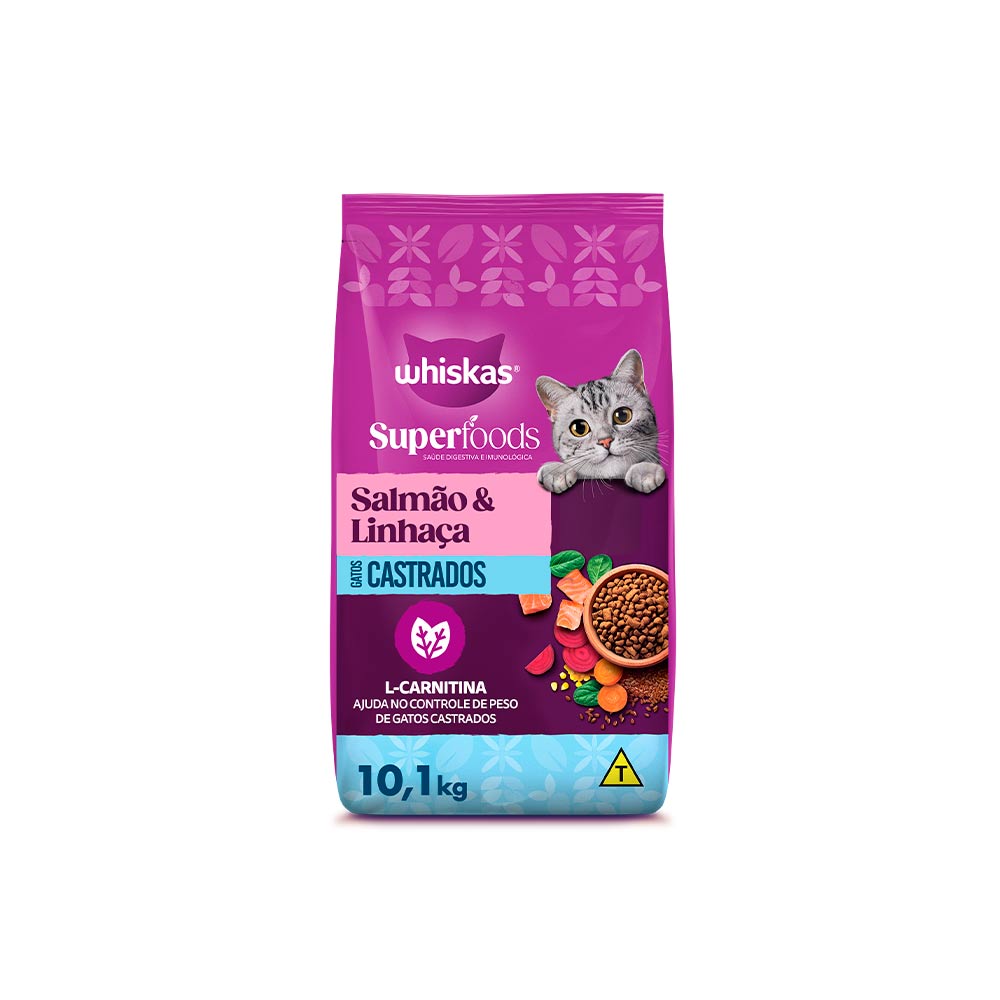 Ração Whiskas Superfoods para Gatos Adultos Castrados Sabor Salmão e Linhaça