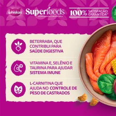 Ração Whiskas Superfoods para Gatos Adultos Castrados Sabor Salmão e Linhaça