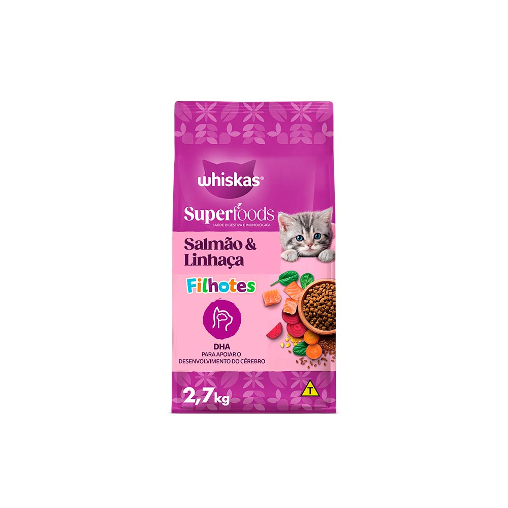Ração Whiskas Superfoods para Gatos Filhotes Sabor Salmão e Linhaça