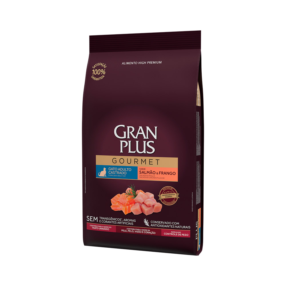 Ração GranPlus Gourmet para Gatos Castrados Sabor Salmão e Frango