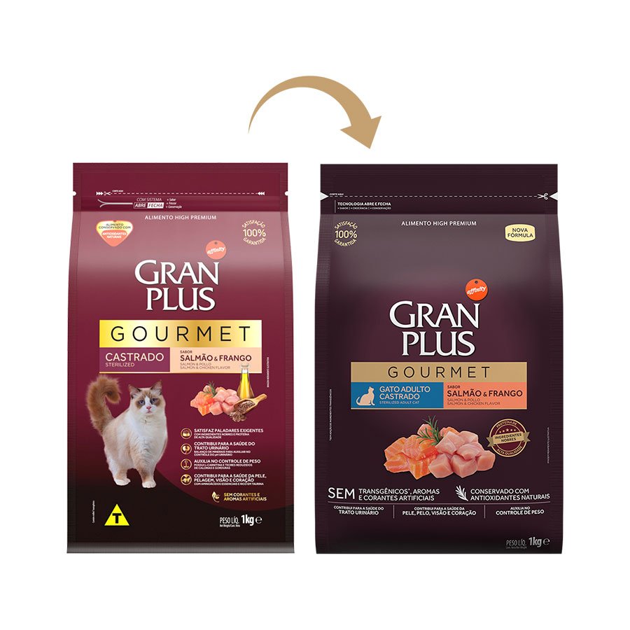 Ração GranPlus Gourmet para Gatos Castrados Sabor Salmão e Frango