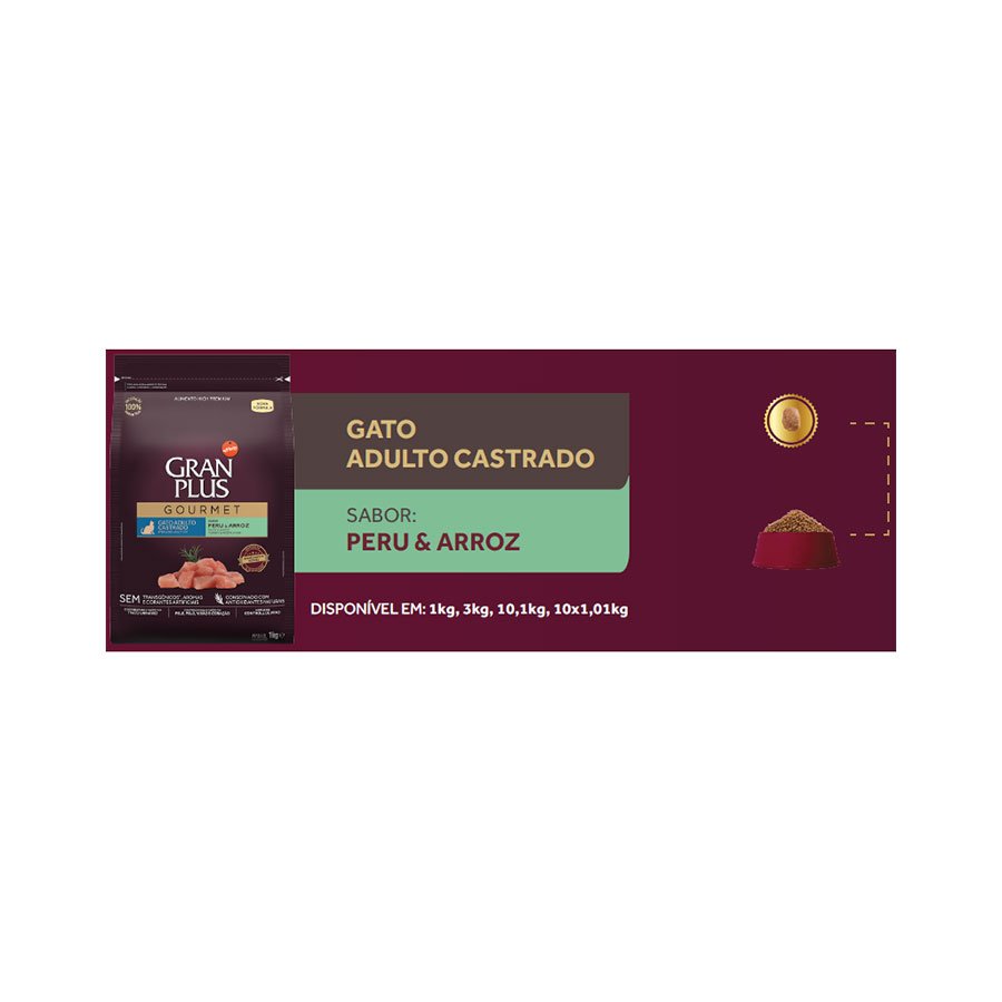 Ração GranPlus Gourmet para Gatos Castrados Sabor Peru e Arroz
