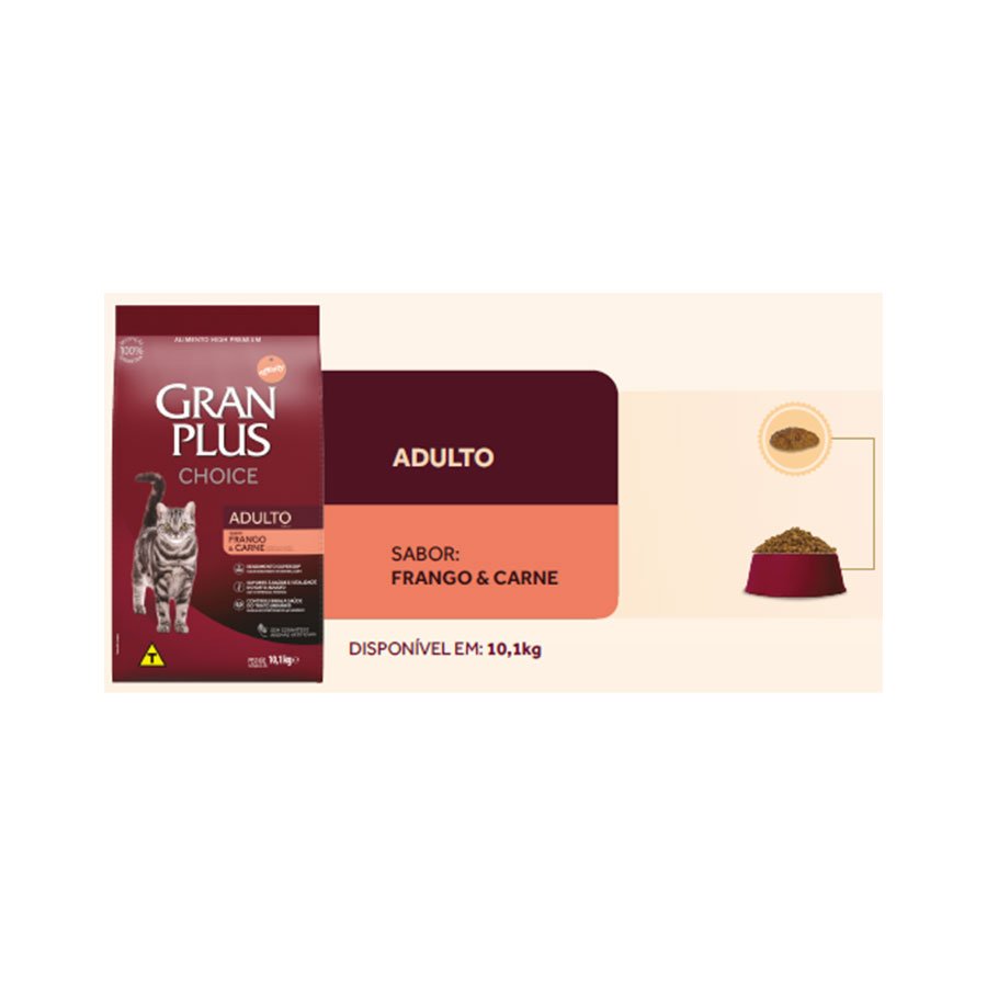 Ração GranPlus Choice para Gatos Adultos Sabor Frango e Carne 10,1kg