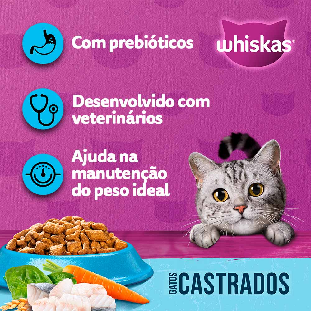 Ração Whiskas para Gatos Adultos Castrados Sabor Peixe