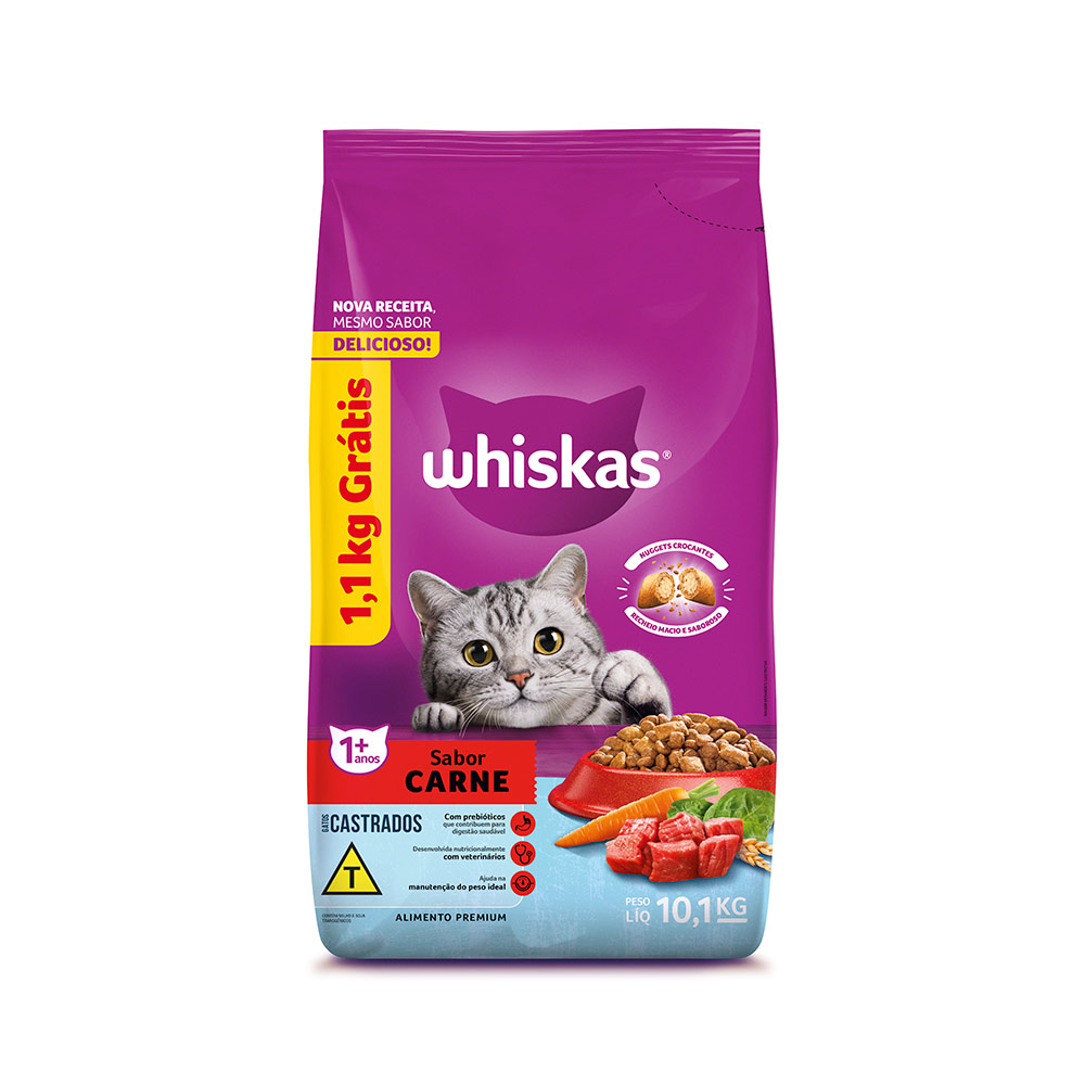 Ração Whiskas para Gatos Adultos Castrados Sabor Carne