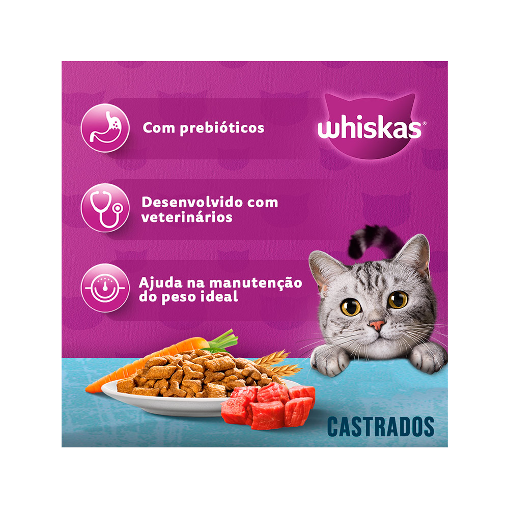 Ração Whiskas para Gatos Adultos Castrados Sabor Carne