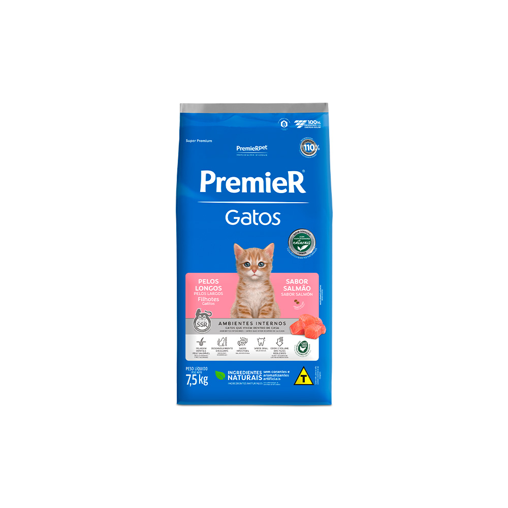 Ração Premier Ambientes Internos Pelos Longos para Gatos Filhotes Sabor Salmão