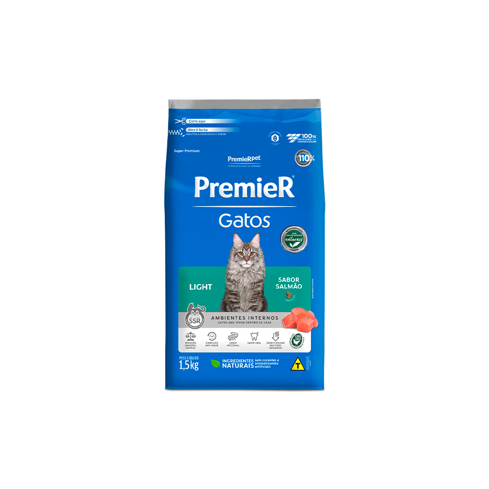Ração Premier Ambientes Internos Light para Gatos Adultos Sabor Salmão
