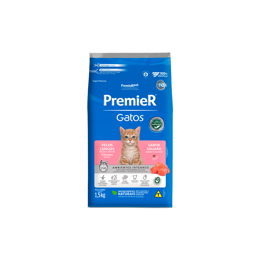 Ração Premier Ambientes Internos Pelos Longos para Gatos Filhotes Sabor Salmão