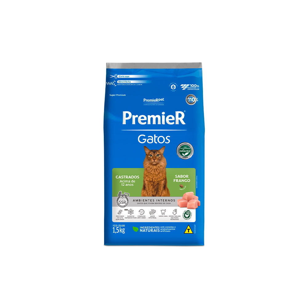 Ração Premier Ambientes Internos para Gatos Adultos Castrados 12+ Sabor Frango