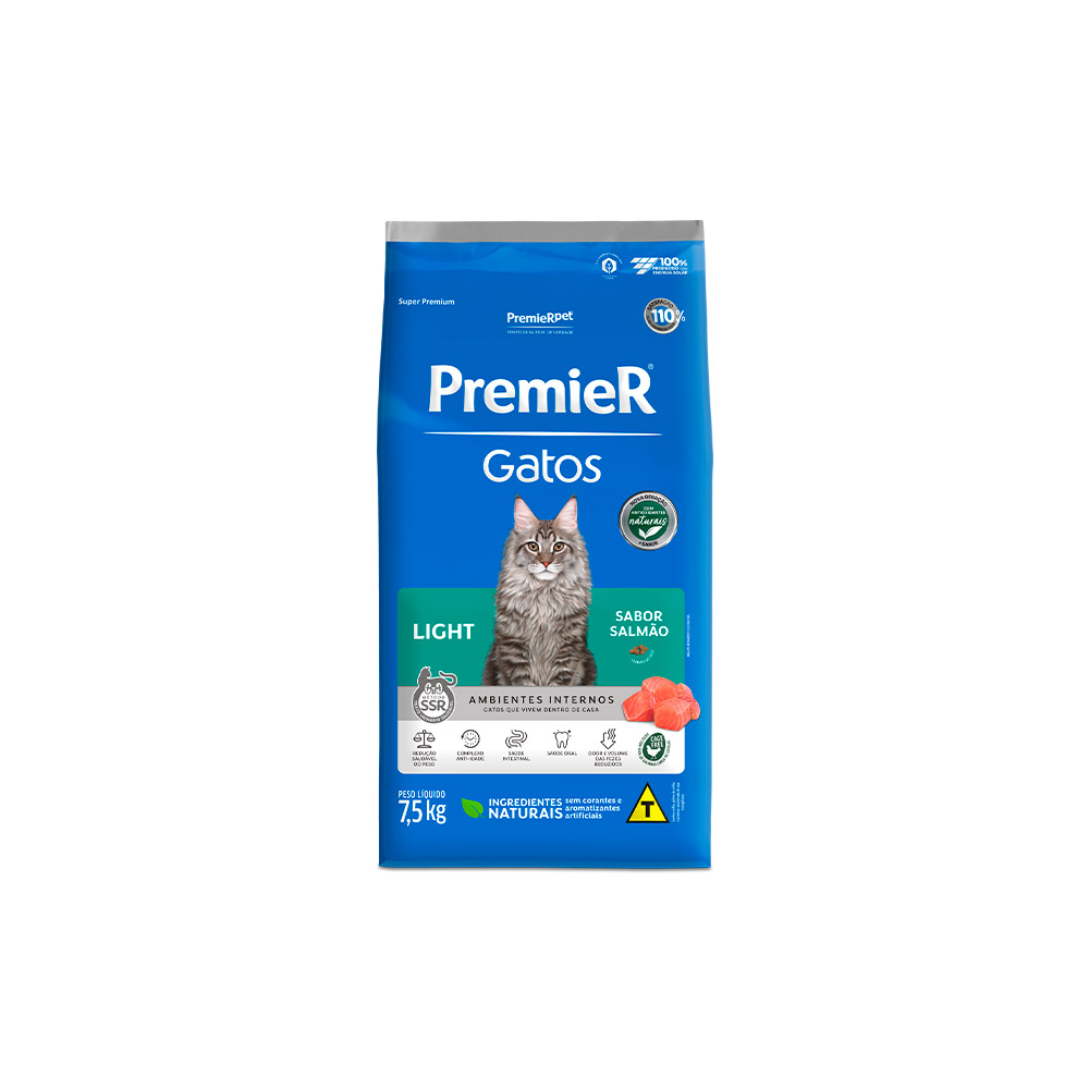 Ração Premier Ambientes Internos Light para Gatos Adultos Sabor Salmão