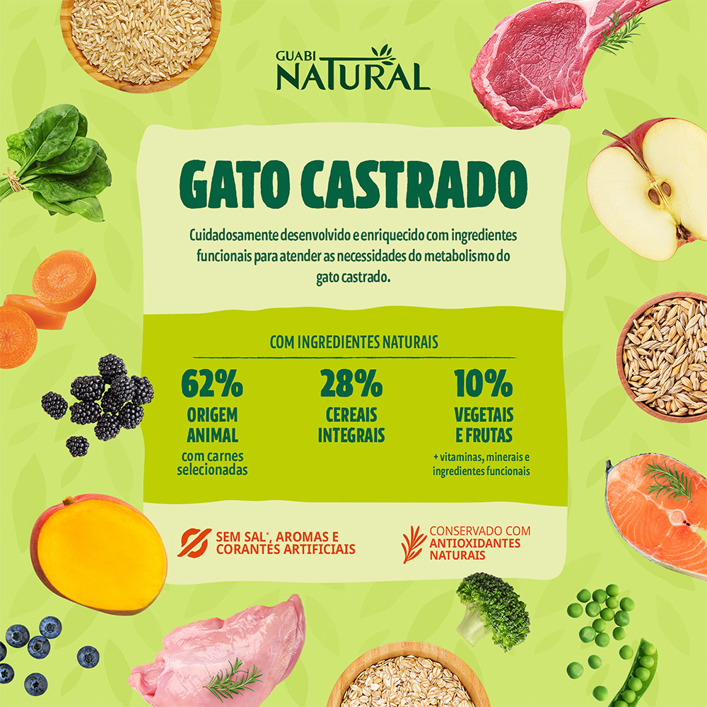 Ração Guabi Natural para Gatos Adultos Castrados Sabor Salmão e Cevada