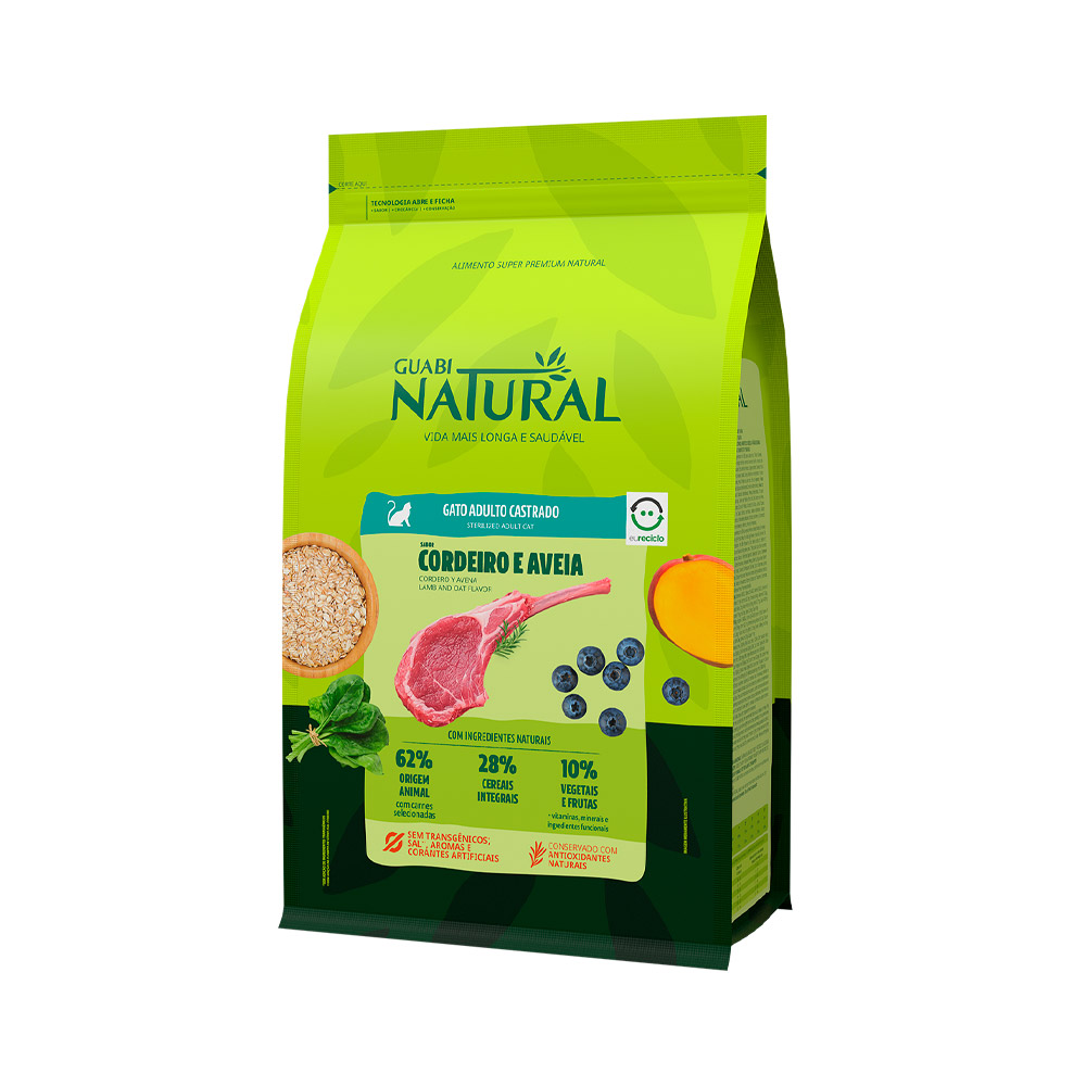 Ração Guabi Natural para Gatos Adultos Castrados Sabor Cordeiro e Aveia