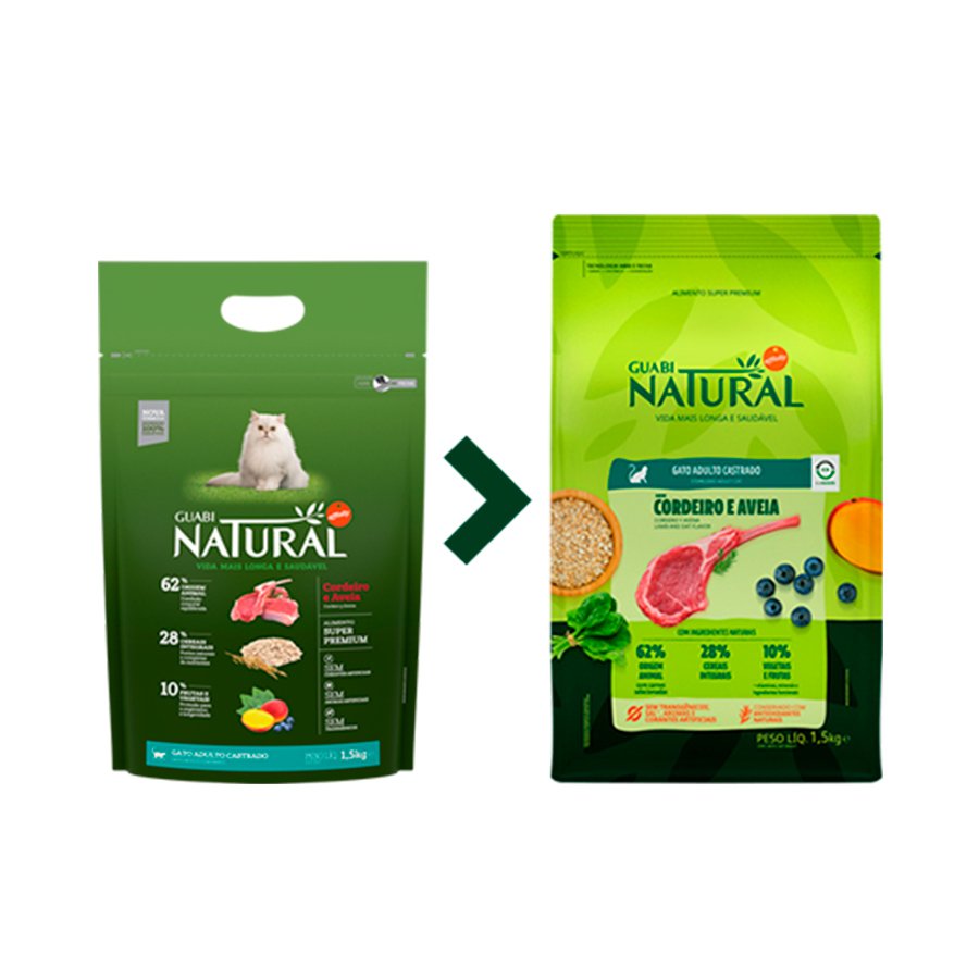 Ração Guabi Natural para Gatos Adultos Castrados Sabor Cordeiro e Aveia