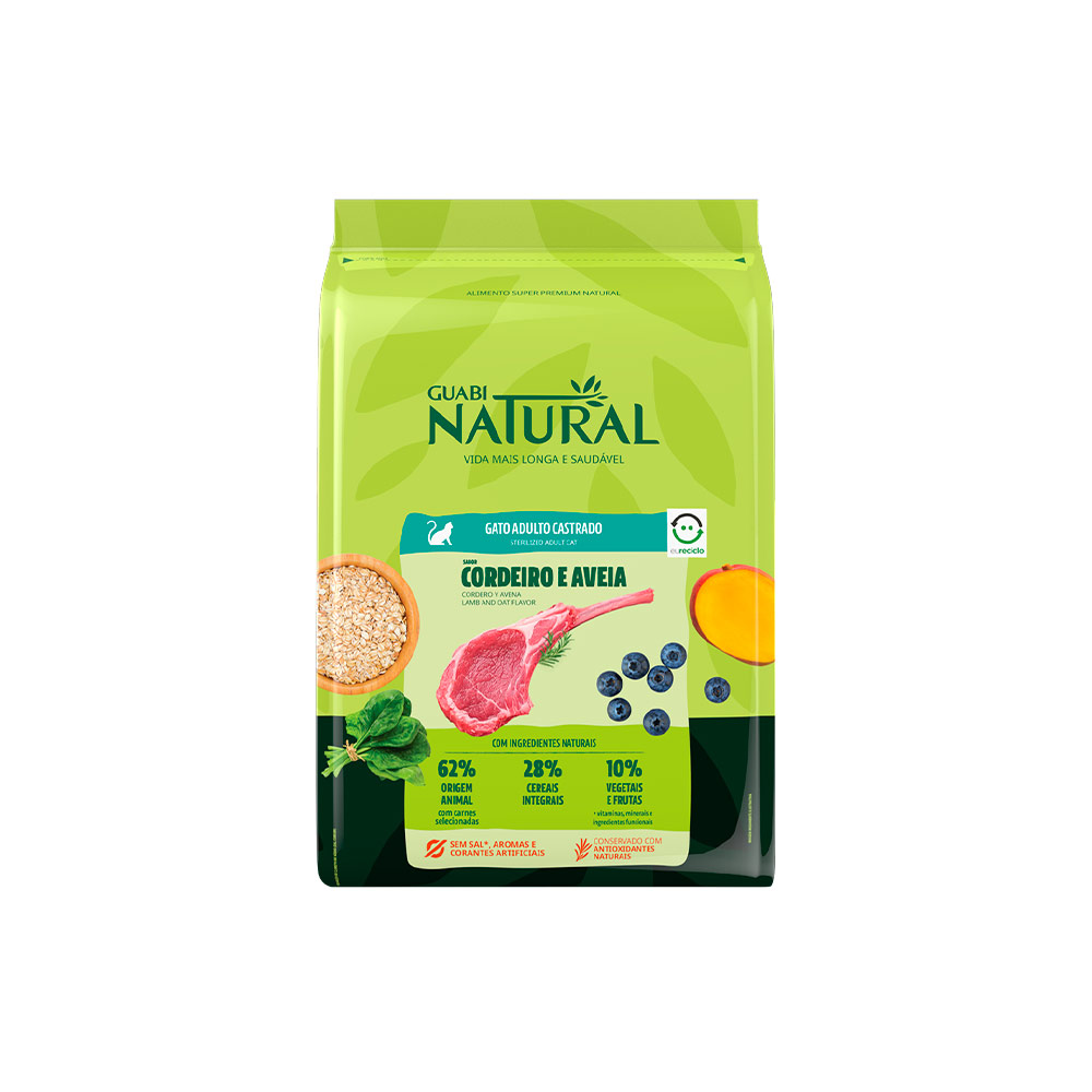Ração Guabi Natural para Gatos Adultos Castrados Sabor Cordeiro e Aveia