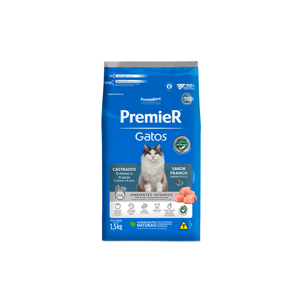 Ração Premier para Gatos Castrados de 6 meses a 6 anos Sabor Frango