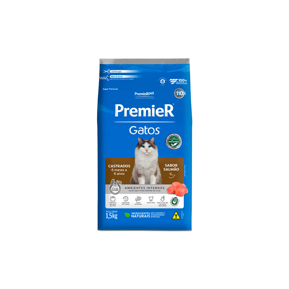 Ração Premier para Gatos Castrados de 6 meses a 6 anos Sabor Salmão